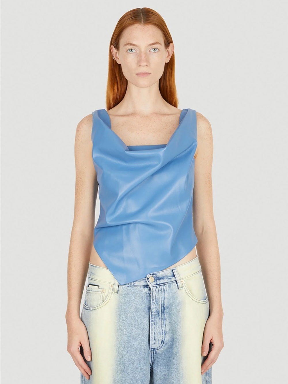Nanushka Pale Blue Vegan Leather Asymmetrical Drape Sleeveless Top Shirt Blouse